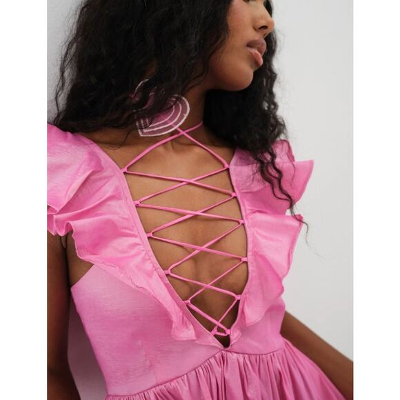 For Love & Lemons Lala Lace Up Mini Dress Pink Taffeta Small NWT Heart Detail - Picture 3 of 13